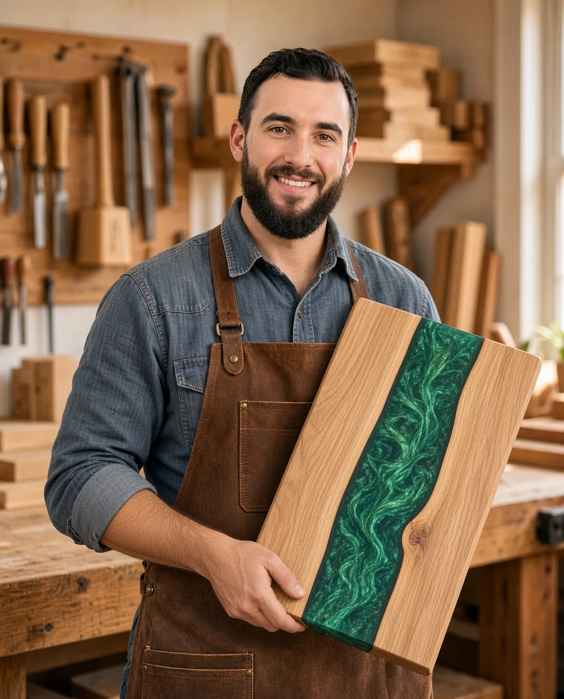Vaden Keats holding a handmade wood and green epoxy board in the workshop